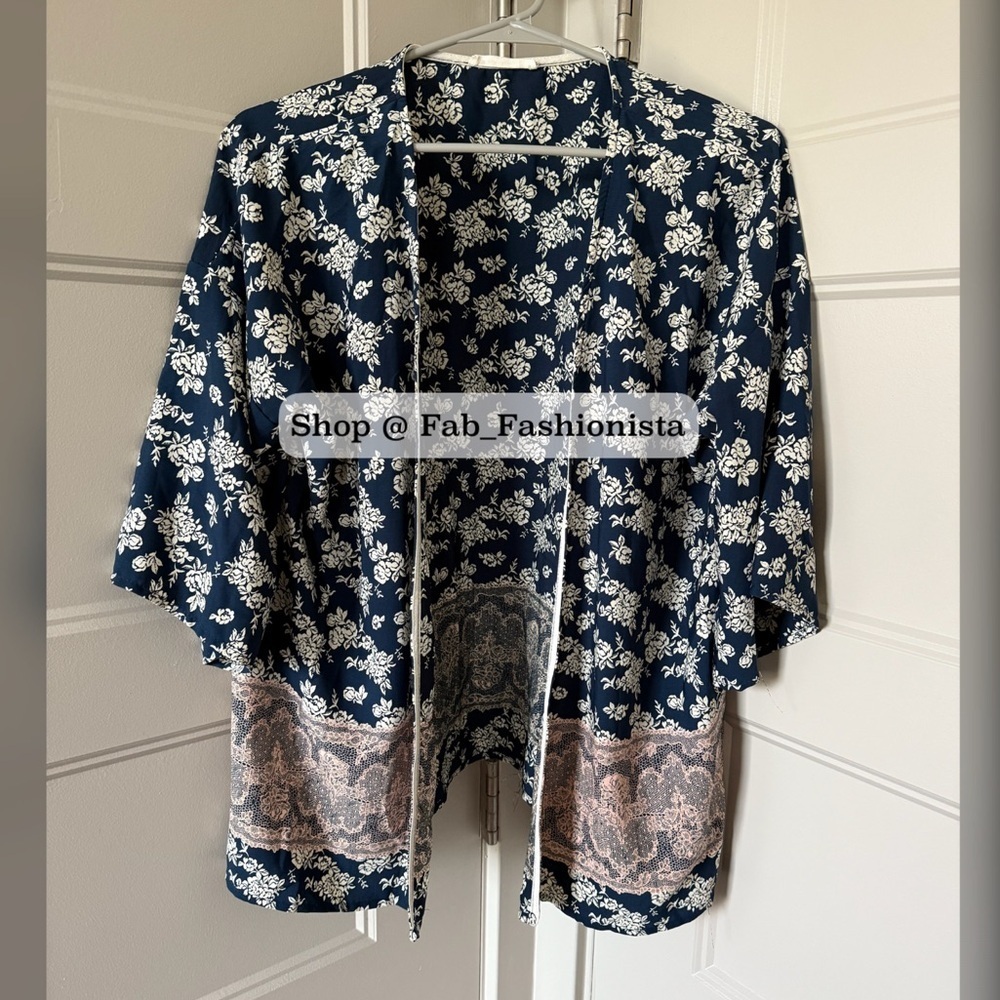 Lace print floral kimono jacket top cover L